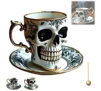 Set di tazza da caffè con piattino con teschio reale, tazza da tè in porcellana gotica con finiture dorate, tazza da caffè di Halloween per collezionisti e amanti del caffè, regalo unico con teschio