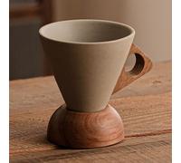 Set di Tazze Caffè Coniche Creative, Tazza in Ceramica Retrò, Design con Manico in Legno, Stabile e Antiscivolo, Adatta per Casa, Ufficio e Ristorante(Natural2,Medium)