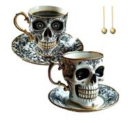 Set di tazze da caffè con piattino con teschio reale, tazza da tè in porcellana gotica con finiture dorate, tazza da caffè di Halloween per collezionisti e amanti del caffè, regalo unico con teschio