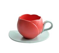 Set di tazze da caffè Tulipano in ceramica con piattino, tazza da tè cappuccino da 10 once e piattino con design a foglia, bicchieri a forma di fiore for il caffè mattutino, il latte macchiato(Red)