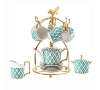 Set di tazze da tè e piattini in ceramica europea Set da tè pomeridiano britannico Set da caffè in Cina con supporto in metallo Caffettiera con zuccheriera e bricco per il latte Decorazione verde