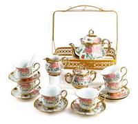 Set di tazze da tè vintage con supporto in metallo e piattino, set di 22 tazze da caffè in ceramica europea, con teiera, bellissimo set da tè per 6 persone, per donne, tea party e matrimoni
