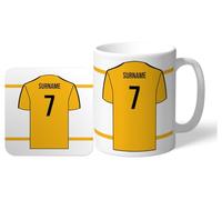 Set di tazze e sottobicchieri personalizzati "Back of Shirt" da 11 oz per i tifosi di Wolverhampton Wanderers FC, con licenza ufficiale, con i colori del club, ideale per i tifosi di Wolves