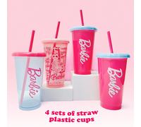 Set di tazze in paglia e plastica Barbie Sunlight Shimmer (4 pezzi/520 ml/17,65 oz), plastica con design scintillante, coperchio a tenuta stagna e cannuccia riutilizzabile, ideale per picnic, feste in