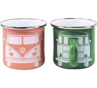 Brisa VW Collection - Volkswagen Set di 2 tazze in metallo smaltato da tè, caffè, latte, cappuccino, Campervan Bus T1 design 350 ml x2 (Verde & Rosa)