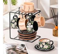Set di tazzine da caffè Espresso in Ceramica con piattini e Supporto, Set di 6 Tazze da caffè impilabili per Cappuccino, tè, Latte, caffè Moka, microonde e beva