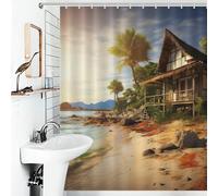 Set di tende da a con 12 ganci, in tessuto impermeabile, lavabili, moderne tende da a con motivo "A Cottage by The Sea", per la decorazione della vasca da bagno, 72x72 pollici
