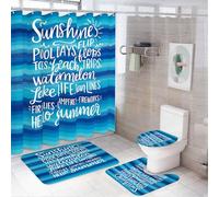 Set di tende da a Hello Summer - Decorazione da bagno in 4 pezzi con sfumature blu e citazioni di vita in piscina, spiaggia e lago | Set da bagno stagionale con tappeti, coperchio del water e tap
