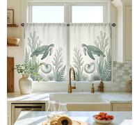 Set di tende da cucina a più livelli con tartaruga, stile nautico costiero, con alghe corallo, verde estivo, per piccoli camper, lavandini, finestre strette, 71 x 99 cm