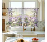 Set di tende da cucina a più livelli, stile rustico con capra, color lavanda, casetta per gli uccelli, per piccoli camper, lavello, finestra stretta, 71 x 99 cm