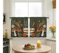 Set di tende da cucina a più livelli, stile rustico, con cucchiaio, fungo, verde, a più livelli, per finestre, sopra il lavandino, 61 x 66 cm