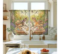 Set di tende da cucina con gatti, fantasioso set da tè rustico, fiori verdi primaverili, tende da cucina a più livelli per finestra, decorazione per lavandino, sala da pranzo, bagno, 71 x 99 cm