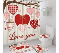Set di tende da doccia a forma di cuore, romantiche e giocose con ramo di albero, fiocco rosso per San Valentino, in tessuto impermeabile, set di tenda da doccia e tappetino da bagno, per casa, bagno