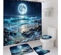 Set di tende da doccia a forma di luna, costiere realistiche onde dell'oceano, in poliestere blu, impermeabile, tenda da bagno e tappeto, decorazione per casa, bagno, hotel, 182 x 183 cm