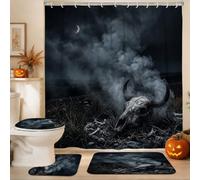 Set di tende da doccia a tema gotico con teschio | Nebbia atmosferica, luna crescente, paesaggio campo, estetica gotica, decorazione per il bagno Moody
