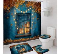 Set di tende da doccia autunnali con foglie autunnali blu e arancioni, decorazione per il bagno, cielo notturno con luci a corda, perfetta per decorazioni stagionali per la casa, 182 x 183 cm