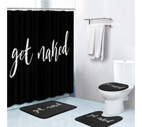 Set di tende da doccia Britimes da 4 pezzi con 12 ganci Get Naked Nero con tappetini antiscivolo, copriwater e tappetino da bagno, resistenti e i