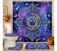 Set di tende da doccia celestiali con sole e luna, mandala per Halloween | Mandala celeste, motivo cosmico, stile bohémien, atmosfera mistica, combinazione di colori blu scuro, facile da appendere
