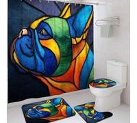 Set di tende da doccia colorate con cani francesi, blu vivace con tappetino da bagno arancione canino, accessori per arredamento del bagno, tenda da doccia moderna artistica in tessuto impermeabile