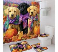 Set di tende da doccia con adorabile cane autunnale, motivo labrador nero e oro, decorazione autunnale con cuccioli, tessuto impermeabile ispirato alla natura stagionale, per accessori da bagno, 183 x