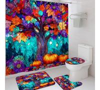 Set di tende da doccia con albero autunnale, tappetino da bagno con foglie arancioni e viola, accessori per l'arredamento del bagno, colori vivaci, tenda da doccia in tessuto impermeabile con ganci