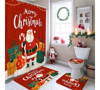 Set di tende da doccia con Babbo Natale, regali natalizi natalizi, bastoncini di zucchero, in poliestere, impermeabile, set di tenda da doccia e tappetino da bagno, decorazione per bagno, vasca da