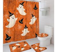 Set di tende da doccia con fantasma di Halloween, tappeto da bagno arancione nero ragnatela tappeti accessori per la decorazione del bagno, set di tende da doccia in tessuto impermeabile moderno con