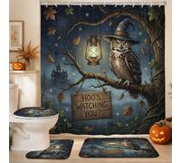 Set di tende da doccia con gufo, fantasioso ramo di lanterna spettrale per Halloween, in tessuto impermeabile, colore blu, tenda da doccia e tappetino da bagno, set decorativo per vasca da bagno e