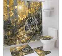 Set di tende da doccia con lupo, giallo dorato con foresta autunnale, decorazione per il bagno, tenda da doccia rustica in tessuto impermeabile con ganci, accessori da bagno a tema natura, 182 x 183