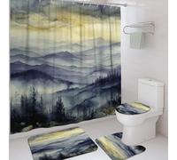 Set di tende da doccia con montagne, acquarello, natura, alberi, nebbia, primavera, blu, in tessuto impermeabile, con tende e tappeti decorativi per vasca da bagno e dormitorio, 183 x 183 cm