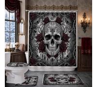 Set di tende da doccia con teschio gotico e rose | Motivo floreale gotico, teschio romantico scuro, intricati dettagli damascati, accenti di rosa cremisi drammatici