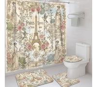 Set di tende da doccia con torre di Parigi, vintage, romantiche, rose, uccellini, primavera, blu pastello, in poliestere, impermeabile, tenda da doccia e tappetino da bagno, set decorativo per camera