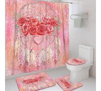 Set di tende da doccia Dreamy Catcher in stile bohémien, romantiche rose e piume, in tessuto impermeabile, con tenda da doccia e tappeti decorativi per camera degli ospiti, 183 x 183 cm
