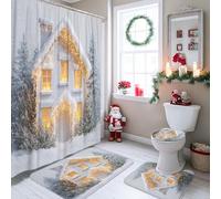 Set di tende da doccia per cottage invernali, tappeto da bagno bianco grigio per decorazione natalizia, tenda da doccia moderna impermeabile con ganci, 182 x 183 cm