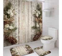 Set di tende da doccia rustiche vintage con rose in pizzo bianco invernale in tessuto impermeabile per bagno, tenda da doccia e tappeto per vasca da bagno, decorazione per camera degli ospiti, 183 x