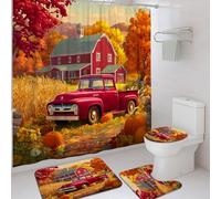 Set di tende da doccia vintage con camion rosso, decorazione autunnale con elementi da fienile, accessori da bagno rustici per il Ringraziamento, tessuto impermeabile con ganci, 182 x 183 cm