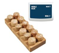 Set di timbri in legno COLOP Woodies "Animali della fattoria" con 12 motivi, timbro di riconoscimento e motivazionale in legno di faggio, Ø 29 mm, incl. 1 tampone d'inchiostro, blu, 50 x 90 mm