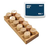 Set di timbri in legno COLOP Woodies "Motivation" con 12 motivi, timbro di riconoscimento e motivazione in legno di faggio, dimensione: Ø 29 mm, incl. 1 tampone d'inchiostro, blu, 50 x 90 mm