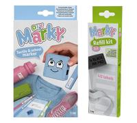 Set di timbri MARKY in azzurro, con inchiostro nero per etichettare vari oggetti e indumenti, incl. set di ricarica 3in1 con tampone d'inchiostro, 40 etichette e nastro termico da 1 m