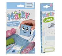 Set di timbri MARKY in azzurro, con inchiostro nero per l'etichettatura di vari oggetti e capi d'abbigliamento, incluso set di etichette da stirare, 28 etichette da stirare, 7 disegni ciascuna