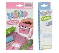 Set di timbri MARKY in rosa, con inchiostro nero per l'etichettatura di vari articoli e capi di abbigliamento, incluso set di etichette da stirare, 28 etichette da stirare, 7 disegni ciascuno