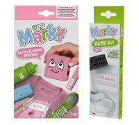 Set di timbri MARKY in rosa, con inchiostro nero per l'etichettatura di vari oggetti e indumenti, incl. set di ricarica 3in1 con tampone d'inchiostro, 40 etichette e nastro termico da 1 m