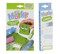 Set di timbri MARKY in verde, con inchiostro nero per etichettare vari oggetti e indumenti, incluso set di etichette da stirare, 28 etichette da stirare, 7 disegni ciascuno