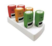 Set di timbri motivazionali NIO School Emoji, 6 timbri con 6 motivi emoji, dimensione dell'impronta: Ø 17 mm, colori dell'impronta arancione lucido, verde liscio e rosso coraggioso