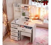 Set di toeletta bianca con sgabello, specchio per il trucco, scrivania con mobiletto e 6 cassetti Specifiche:Colore: Bianco con maniglia neraMateriale: MDFDimensioni complessive: 80 (L) x 36 (P) x 131