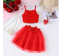 Set di top a canottiera con decorazione a rose e gonna a più strati in tulle con fiocco, per ragazze in estate 6Y,7Y,4Y,5YColore unicoTessuto