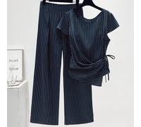 Set di top a maniche corte con scollo a barca a righe e pantaloni a gamba dritta in vita media per donne taglie forti 0XL,1XL,2XL,3XL,4XLGeometricoTessuto intrecciato