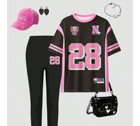 Set di top a maniche corte e leggings da donna casual e alla moda, con contrasto di colori giallo e nero, numero 13 e slogan divertente, outfit versatile adatto per la stagione autunnale L,M,S,XL,XSGe