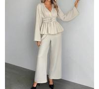 Set di top a maniche lunghe con scollo a V e pantaloni a vita stretta, stile minimalista, abbigliamento da donna autunnale, per il ritorno a scuola, top da uscire, per eventi bianchi, stile old money 
