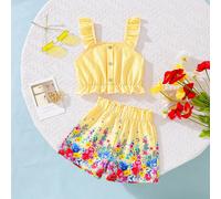 Set di top a righe e stampa floreale con bordo a folletto e pantaloncini con vita a sacchetto per ragazze giovani per l'estate 6Y,7Y,4Y,5YAnimale,Blocchi di colore,Floreale,A strisce,Piante,stampa dap